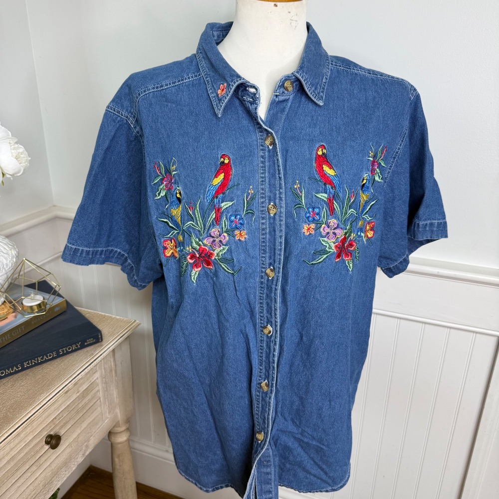 Bobbie Brooks Vintage Denim Shirt XL Embroidered Parrot Tropical Floral Blue
